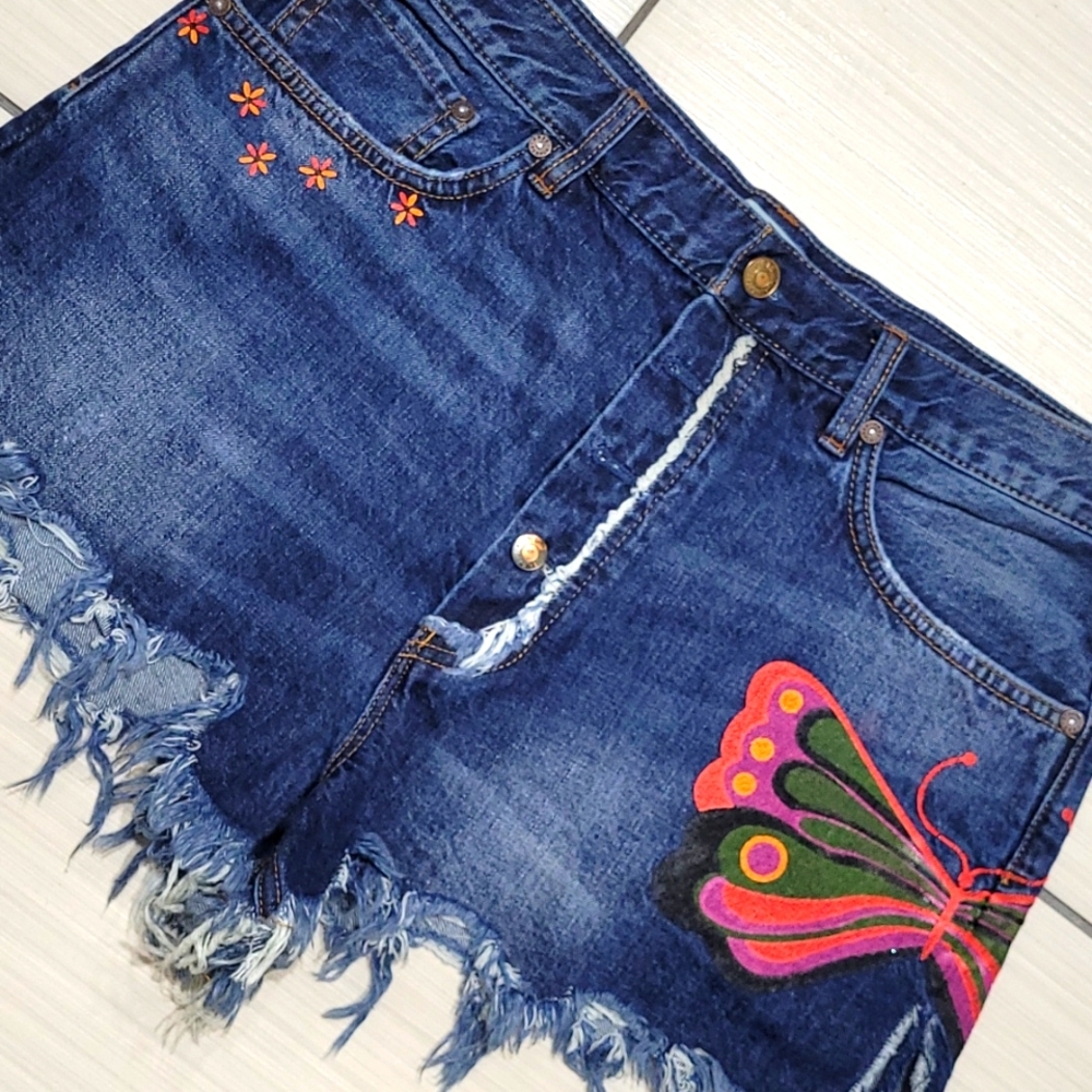 Free People Dark Blue Denim Jean Shorts with Colorful Butterfly Embroidery